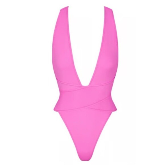 SKIMS recycled swim cut out plunge monokini TAFFY PINK nwt small